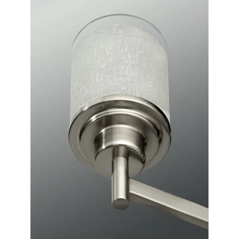 Close-up of Alexa Collection 2 Light Bath Vanity Light with Dope Etched Linen Glass, brushed nickel finish detail.
