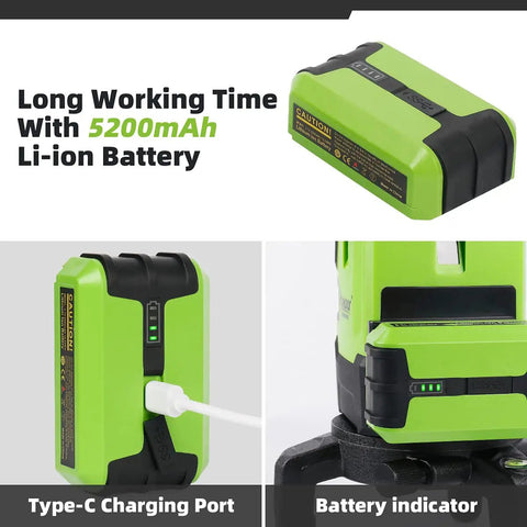 NT411G Multi Line Laser Level battery and charging port with Type-C connector, green shell showing battery indicator.