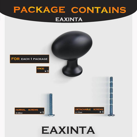Package contents of Oval Matte Black Cabinet Knobs 10 Pack For Kitchen And Furniture By EAXINTA including knob and screws