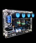 DIY ICL8038 Signal Generator Kit With FR4 PCB, four blue knobs, adjustable frequency, multiple waveforms in transparent casing