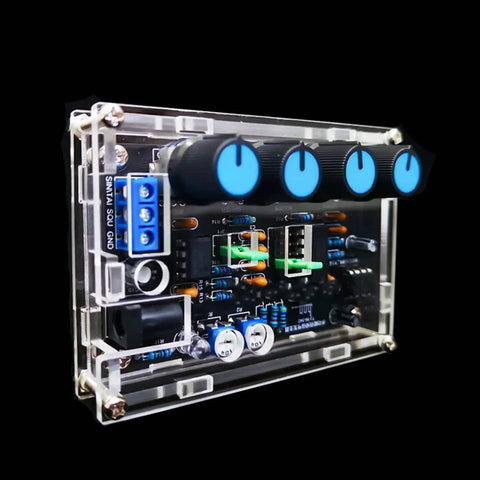 DIY ICL8038 Signal Generator Kit With FR4 PCB, four blue knobs, adjustable frequency, multiple waveforms in transparent casing