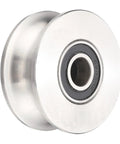 Solid As Rock U Groove Pulley Wheel 10 X 68 X 9.5 Millimeters made from rugged 201 stainless steel with a visible ball bearing.