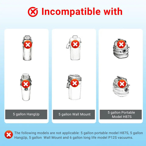 Diagram showing vacuums incompatible with 4 Pack Foam Sleeve Filter For 5 Gallon And Above Wet Dry Vacuums Replacement Foam Sleeve For Two And A Half Gallon Models K250 L250 2030227 2030138 J150A QAS60 J200A And More.