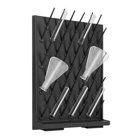 AngelcityCC 52-Peg Lab Glassware Drying Rack Pegboard Wall-Mount with beakers and test tubes for neat organization.