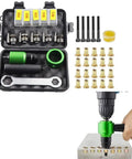 Upgrade Your Home Reno Game With This Electric Rivet Tool Adapter Kit That Turns Your Drill Into A Riveter, Featuring Mandrels And Nuts For Smooth Automotive And DIY Fixes You Will Totally Love. Drill rivet adapter kit with mandrels and brass nuts in case, shown installing a metal fastener