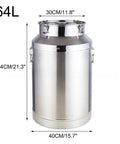 Rock Solid Heavy Duty 304 Stainless Steel Milk Jug Container Zero Hassle Leakproof Tote For Bulk Rice Flour Sugar Coffee Beans And Grains Massive Sixty Four Liter with dimensions shown.
