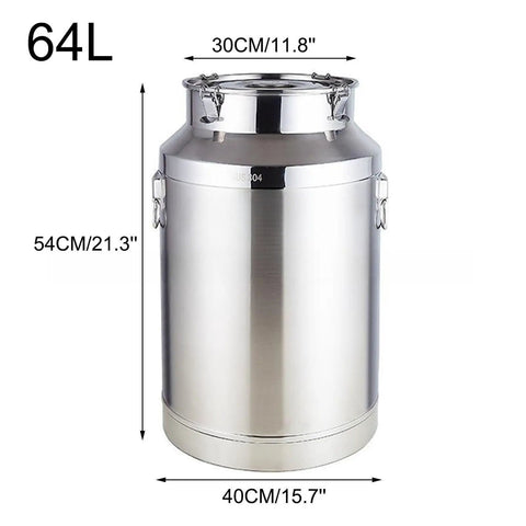 Rock Solid Heavy Duty 304 Stainless Steel Milk Jug Container Zero Hassle Leakproof Tote For Bulk Rice Flour Sugar Coffee Beans And Grains Massive Sixty Four Liter with dimensions shown.