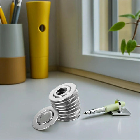 30 Pcs Stainless Steel Fire Sprinkler Cover Plates With Slick Silver Dual Disc Design on a countertop next to a pen and plant.