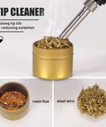 Portable 110V 65W Digital Soldering Iron Kit tip cleaner showing rosin flux and steel wire with pen style solder gun.