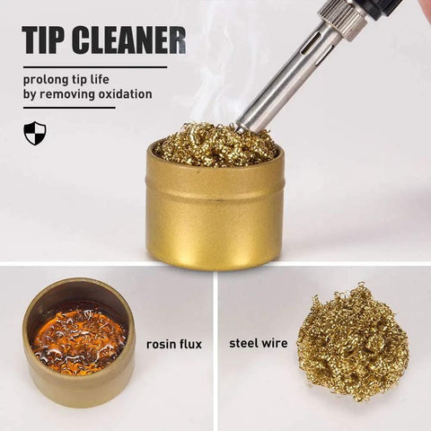Portable 110V 65W Digital Soldering Iron Kit tip cleaner showing rosin flux and steel wire with pen style solder gun.