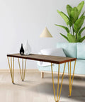 Modern coffee table with wooden top and 28 Inch Hairpin Legs Set Of 4 For Industrial Metal Coffee Tables And End Tables, gold finish.