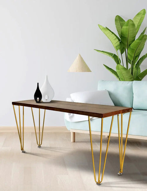 Modern coffee table with wooden top and 28 Inch Hairpin Legs Set Of 4 For Industrial Metal Coffee Tables And End Tables, gold finish.