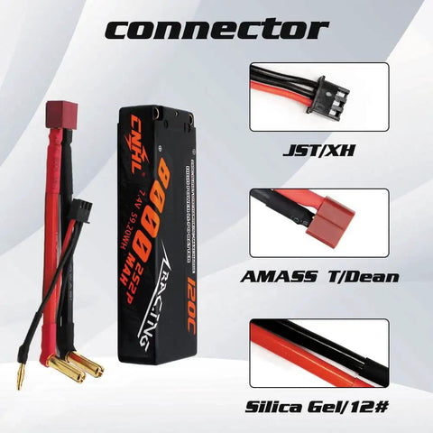 Rugged Case 2S 8000mAh 120C LiPo Battery 7.4V With T Plug For 1/10 1/8 1/12 RC Cars Trucks Boats with connectors shown
