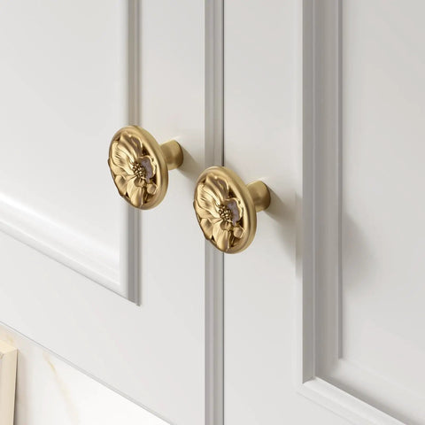 20 Pack Flower Drawer Knobs Set Brushed Brass For Dresser Closet And Cabinets, 1.42 Inch Diameter, 1.02 Inch Height, dual mounted