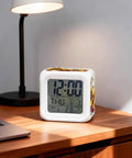 Nifty Little Sunflower Watercolor Floral Bedside Digital Alarm Clock Featuring Sweet Led Nightlight And Easy Snooze Mode For Bedroom Or Home Office Desk Quiet Time Display on wooden desk.