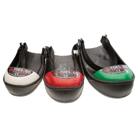 Toes2Go Steel Toe Cap Overshoe Heavy Duty Waterproof PVC Work Shoe Covers Built Tough No Slip Traction All Day Comfort On Site For White Toe SML M2-7 W4-9, red and green variants