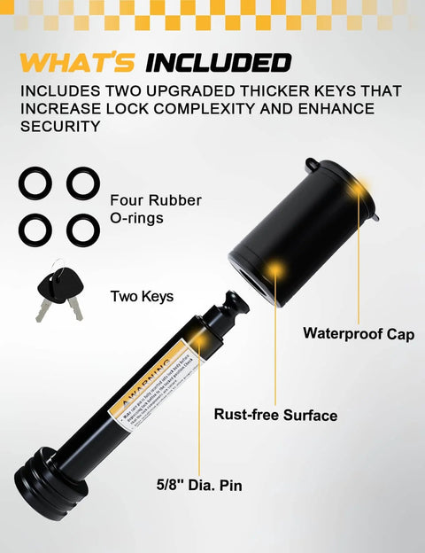 Heavy Duty Trailer Hitch Pin Lock For 2 Inch Receivers, 5/8 Inch Diameter With Extra Long 2 3/4 Inch Pin, Includes Two Keys