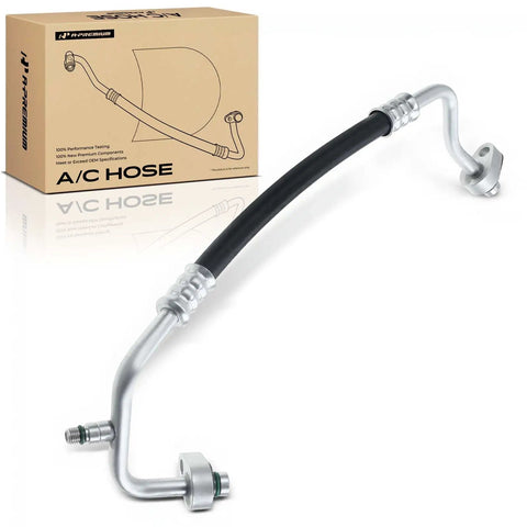 Top Shelf A C Discharge Line Hose Kit Compatible With Jeep Wrangler JK 2007 Through 2011 38 Liter V6 High Pressure Compressor To Condenser Easy Bolt Up Replacement Sick On The Trail, showing a black rubber and metal hose.