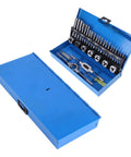 Must Have Metric Thread Cutting Die Tap And Die Set Crafted From Tough Alloy Steel To Restore Or Create Perfect Threads On Steel And Stainless With Adjustable Wrench For Your Metalworking Vehicle Machinery Repair Needs. blue metal case with metric taps, dies, wrench and gauge