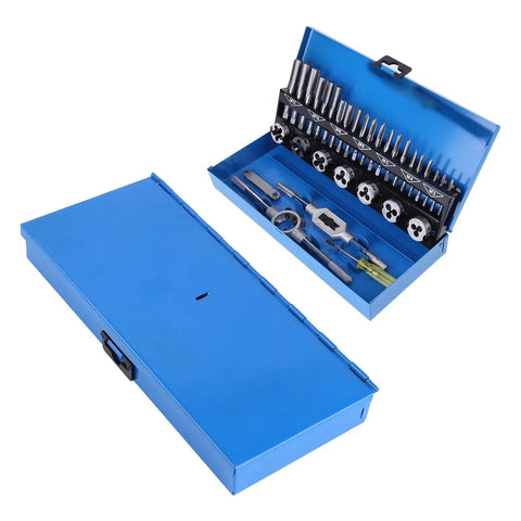 Must Have Metric Thread Cutting Die Tap And Die Set Crafted From Tough Alloy Steel To Restore Or Create Perfect Threads On Steel And Stainless With Adjustable Wrench For Your Metalworking Vehicle Machinery Repair Needs. blue metal case with metric taps, dies, wrench and gauge