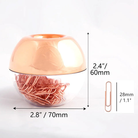 Magnetic Rose Gold Paper Clip Holder Dispenser With 100 Paper Clips Desk Office Organizer Apple Shape Design Luxury Home Decor Dope Gift Idea For School And Work, showing dimensions of the apple-shaped dispenser and clips