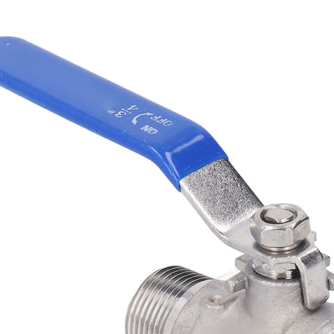 Dang Tough 3/4 Inch Stainless Steel Manual Shutoff Valve With Male Threads Heavy Duty Plumbing Fitting top view with blue handle
