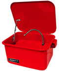 Rock Solid 3 Point 5 Gallon Parts Washer Packed With Electric Pump And Removable Tray, red steel tank with lid and hose.