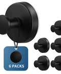 Total Game Changer For Your Washroom Matte Black 6 Pack Suction Hooks with heavy duty grip for towels. Close-up view of hooks.