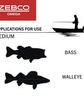 Zebco Omega fishing reel applications for medium-sized fish, showing silhouettes of bass and walleye with a fishing boat icon.