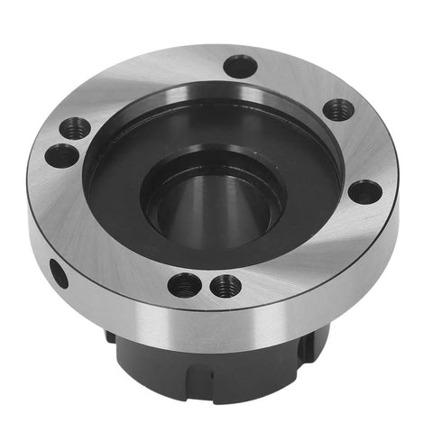 Dope 80mm Carbon Steel Collet Chuck Holder For CNC Milling Machines And Lathes With Super Secure Mounting Plus Precision Grip To Keep It Tight While You Work, close-up of chuck holder with a metallic finish.