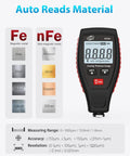 Digital Paint Coating Thickness Meter 0 To 1800 Micrometers With LCD Backlit Rotating Screen Pro Grade Auto Substrate Recognition Ferrous And Non Ferrous Gauge For Checking Car Original Coating And Paint Depth, displayed with Fe and nFe material compatibility