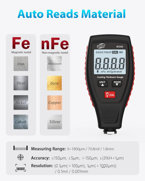 Digital Paint Coating Thickness Meter 0 To 1800 Micrometers With LCD Backlit Rotating Screen Pro Grade Auto Substrate Recognition Ferrous And Non Ferrous Gauge For Checking Car Original Coating And Paint Depth, displayed with Fe and nFe material compatibility