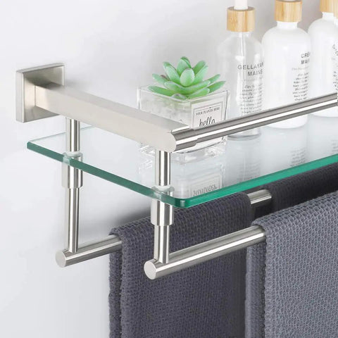 Sturdy Glass Bathroom Shelf With 2 Bars Wall Mount In SUS 304 Stainless Steel Brushed Finish, displaying towels and toiletries