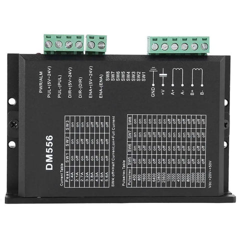 DM556 Two Phase Stepper Motor Driver for 24V to 50V DC, 1.0 to 5.6A Bipolar PWM Control front view with switch settings