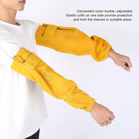 Badass Heat Resistant Cowhide Welding Sleeves Built Tough To Block Sparks Rock Solid Arm Protection For Mechanics And Daily Grind In Golden Yellow with nylon buckle and elastic cuffs.