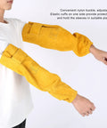 Heavy Duty Cowhide Welding Sleeves With Adjustable Buckle And Flame Retardant Leather Arm Guards in yellow, showing elastic cuffs.