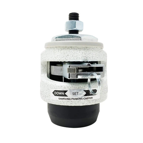 Heavy Duty Retractable Leveling Caster With 2 Inch Nylon Wheels That Roll Smooth And Ratcheting Stemless Build For Lock Tight Equipment Stabilization In Classic Ivory Job Site Gear, front view, mechanical detail.