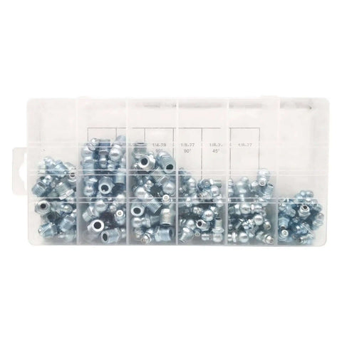 Top Rated 110 Piece Grease Nipple Assortment Kit With One Way Check Valve Stops Backflow For Heavy Duty Hydraulic Car And Truck Maintenance Jobs, assorted metal fittings in plastic case