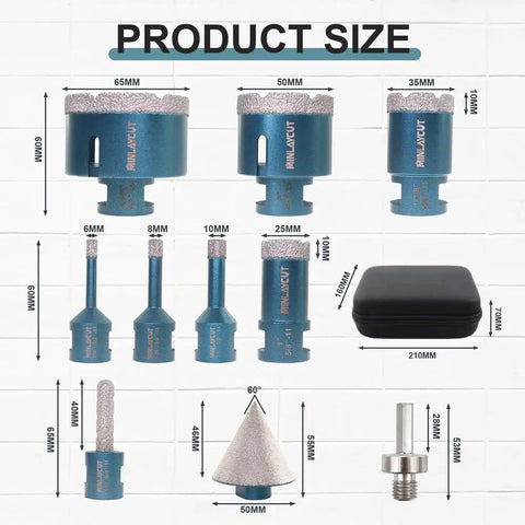 Diamond Core Drill Bits Set 10-Piece Tile Hole Saw Kit With 6mm 8mm 10mm 25mm 35mm 50mm 65mm Holes And 2-Inch Diamond Beveling Chamfer Bits For Porcelain Ceramic Marble Granite displayed with size measurements