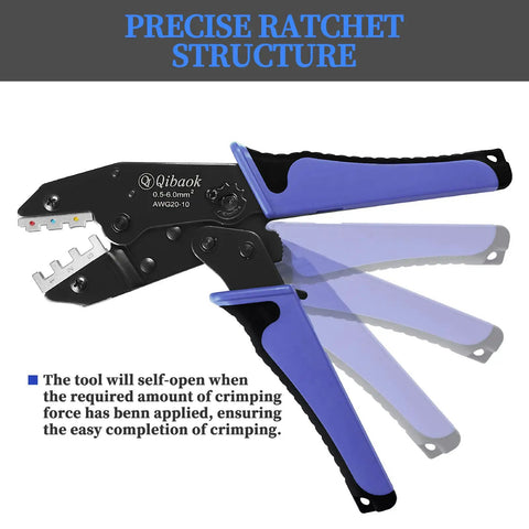 Ratcheting Wire Crimping Tool Kit With Four Interchangeable Dies for precision crimping and self-opening mechanism.