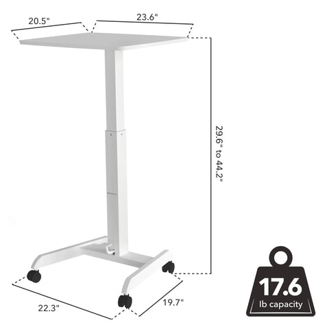 Adjustable Rolling Laptop Desk With Wheels For Home Office Or Classroom Sit Stand Cart On The Go Mobility 23.6 By 20.5 Inch Desktop White Height 29.6 To 44.2 Inches showing dimensions and weight capacity.