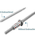 Double Nut Ball Screw Assembly For CNC Machines 1000mm Length With C7 Pro Grade Precision, showing with and without endmachined ends.