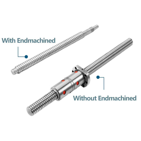 Double Nut Ball Screw Assembly For CNC Machines 1000mm Length With C7 Pro Grade Precision, showing with and without endmachined ends.