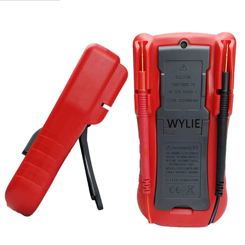 Back view of red All In One Digital Multimeter For Electronics Repair Pro Grade DC AC Voltmeter Ohm Volt Amp Diode And Continuity Tester