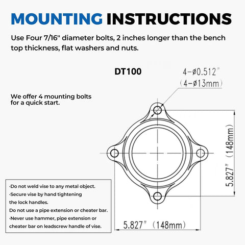 Mounting diagram for installing a heavy duty bench vise with 360 degree swivel base, showing bolt placement and measurements.