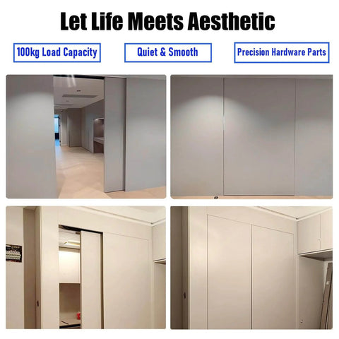 Adjustable Flush Sliding Barn Door Hardware Kit With Wall Mount No Floor Aluminum Track For Wooden Doors Hidden System installed view