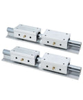 High Precision SBR20 Linear Guide Rail Kit Includes 2 Smooth Support rods up to 1 meter plus Lock Wrench And 4 Sliding Bearing Blocks For 3D Printers CNC Machines Zero Stick Slippage Super Stable Operation. SBR20 steel rails with 4 bearing blocks, front view