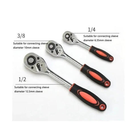 Top Shelf Chrome Vanadium Socket Wrench Set With Ratchet Handle And Extension Bar For Home Repair Precision Metric Sockets in 1/4 3/8 or 1/2 inch drive, featuring three ratchet handles.