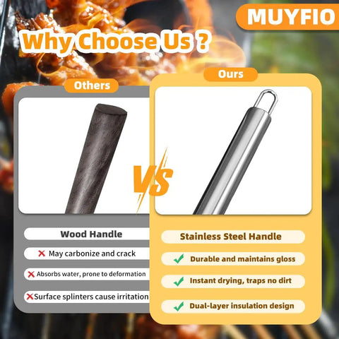 Comparison of wood handle vs stainless steel handle benefits in 11 Piece Stainless Steel BBQ Tool Set With Storage Bag For Outdoor Grilling Camping And Backyard Use Dad Gifts For Fathers Day Includes Tongs Spatula Fork Knife Skewers Brush And Grill Cleaning Brush