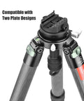 Top view of Solid 75 Mm Leveling Half Ball Adapter With Fast Turn Lever Lock on tripod with two plate designs for enhanced stability.